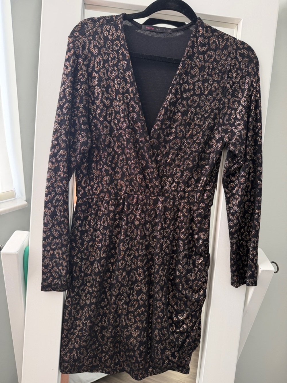 Fraiche by J Faux-Wrap Long Sleeve Dress in Black with Rose Gold Leopard